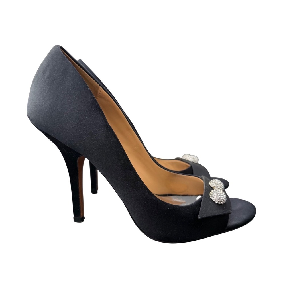 Badgley Mischka Black Satin Peep Toe Crystal Heel Formal Wedding Pump 7M